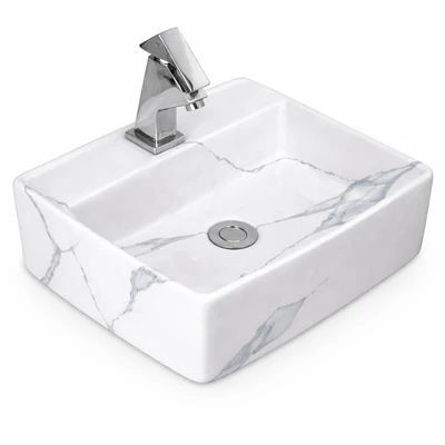 LINZ-M || Pultra helyezhető mosdókagyló, kerámia, fehér, márványmintás, szögletes