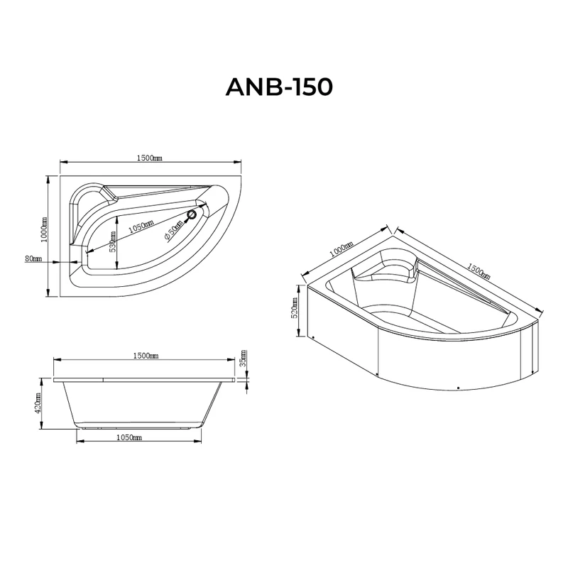 Nizza aszimmetrikus kád bal 150x100 cm