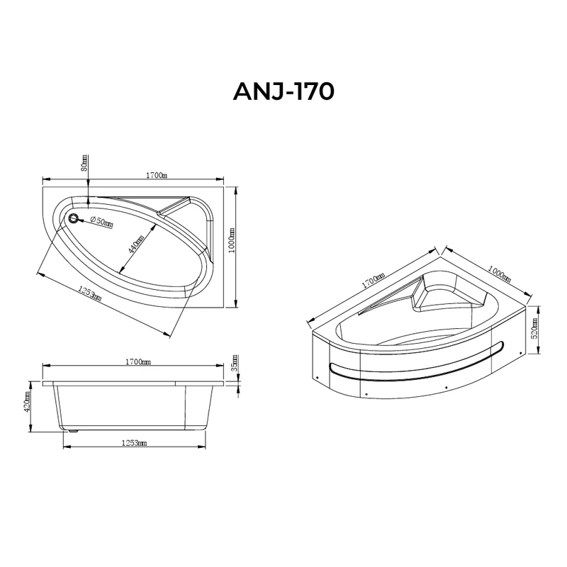 Nizza aszimmetrikus kád jobb 170x100