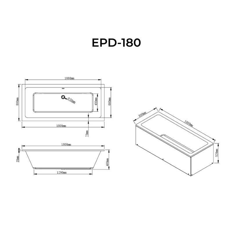 Peru egyenes kád 180x80 cm