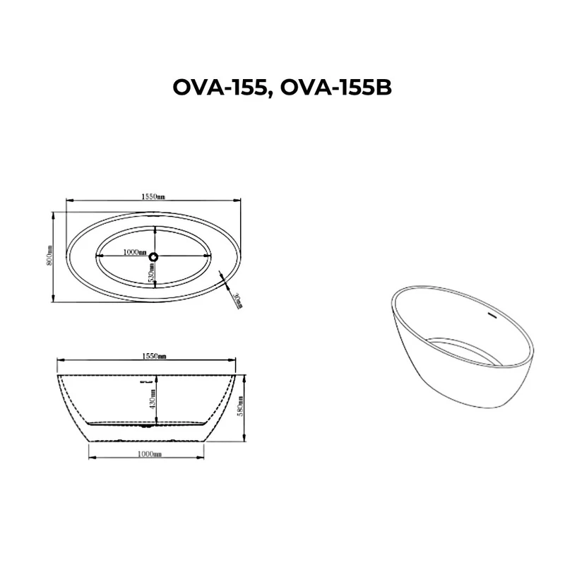 OVAL szabadon álló fürdőkád, fekete-fehér, 155x80x58 cm
