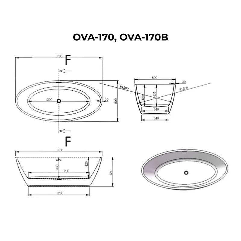 OVAL || szabadon álló fürdőkád, fehér, 170x80x58 cm