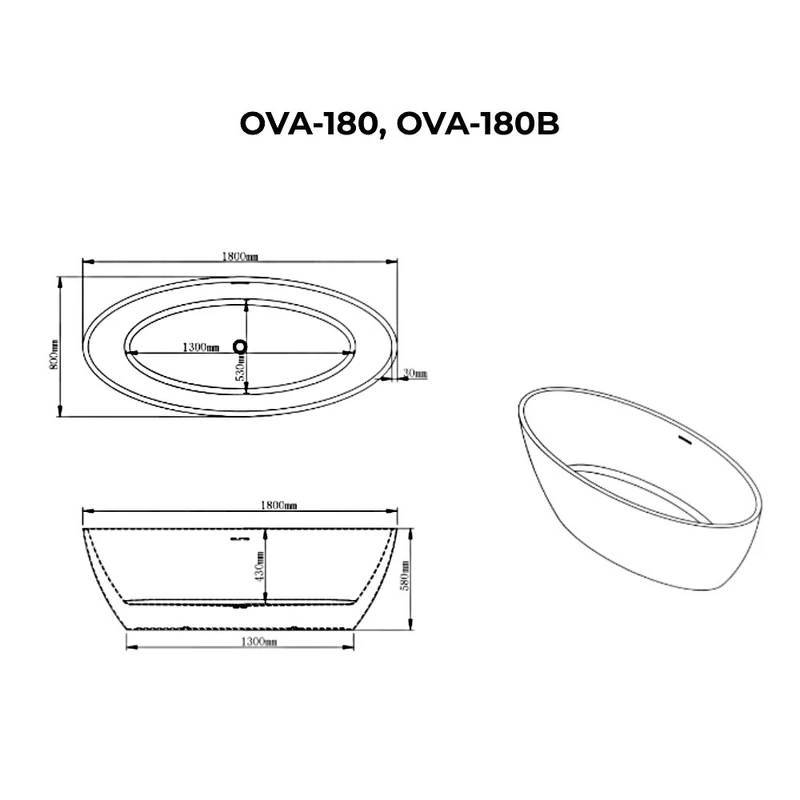OVAL || szabadon álló fürdőkád, fehér, 180x80x58 cm