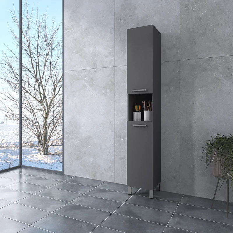 NORMANDIA 30 || Matt antracit szürke, fürdőszoba szekrény, szennyestartóval, tárolóval és polcokkal