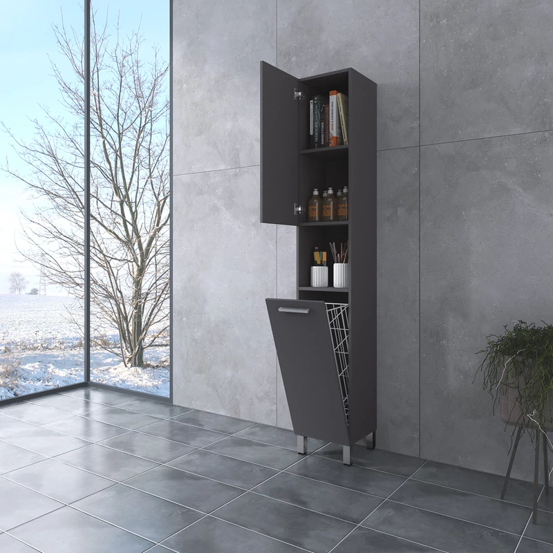 NORMANDIA 30 || Matt antracit szürke, fürdőszoba szekrény, szennyestartóval, tárolóval és polcokkal