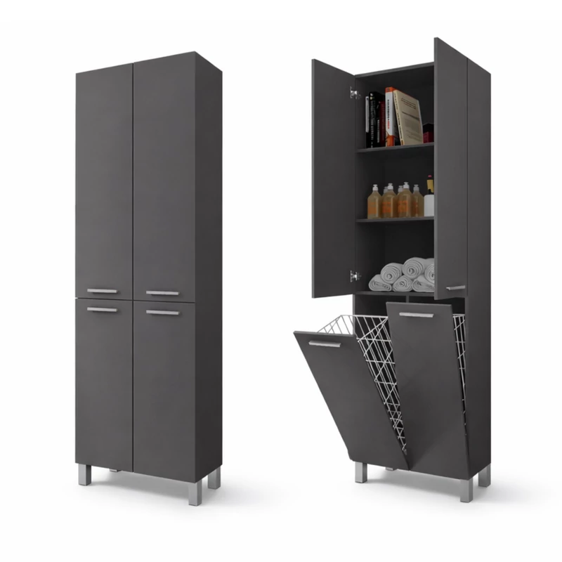 NORMANDIA 60 || Matt antracit szürke, fürdőszoba szekrény, szennyestartóval, tárolóval és polcokkal