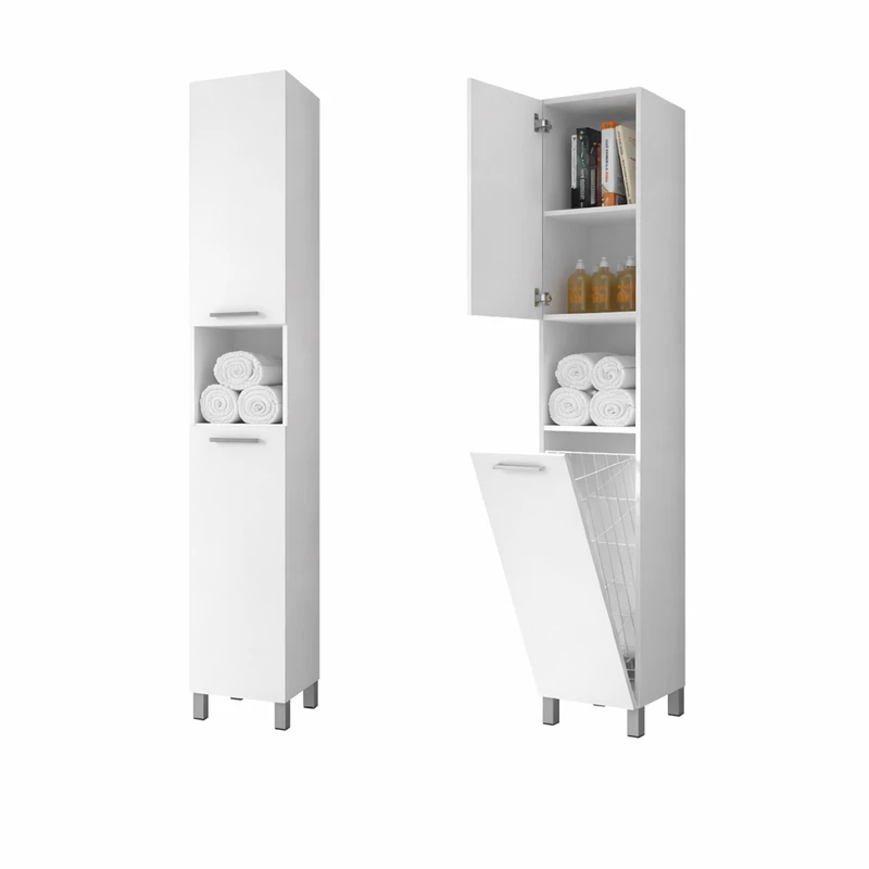 NORMANDIA 30 || Fehér,  fürdőszoba szekrény, szennyestartóval, tárolóval és polcokkal