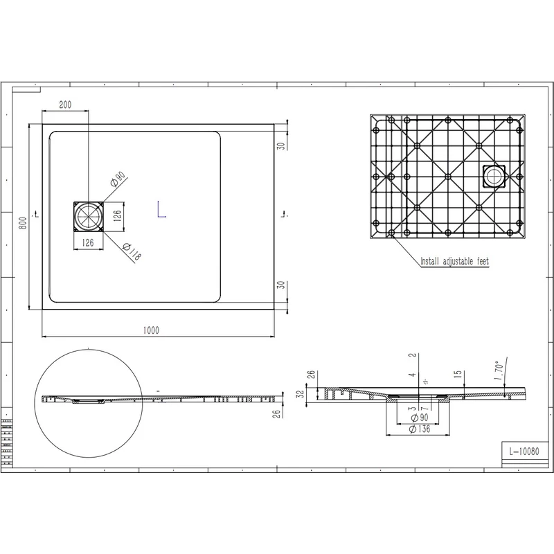 Cagliari White 80x100x2,6 cm szögletes, SMC zuhanytálca szifonnal