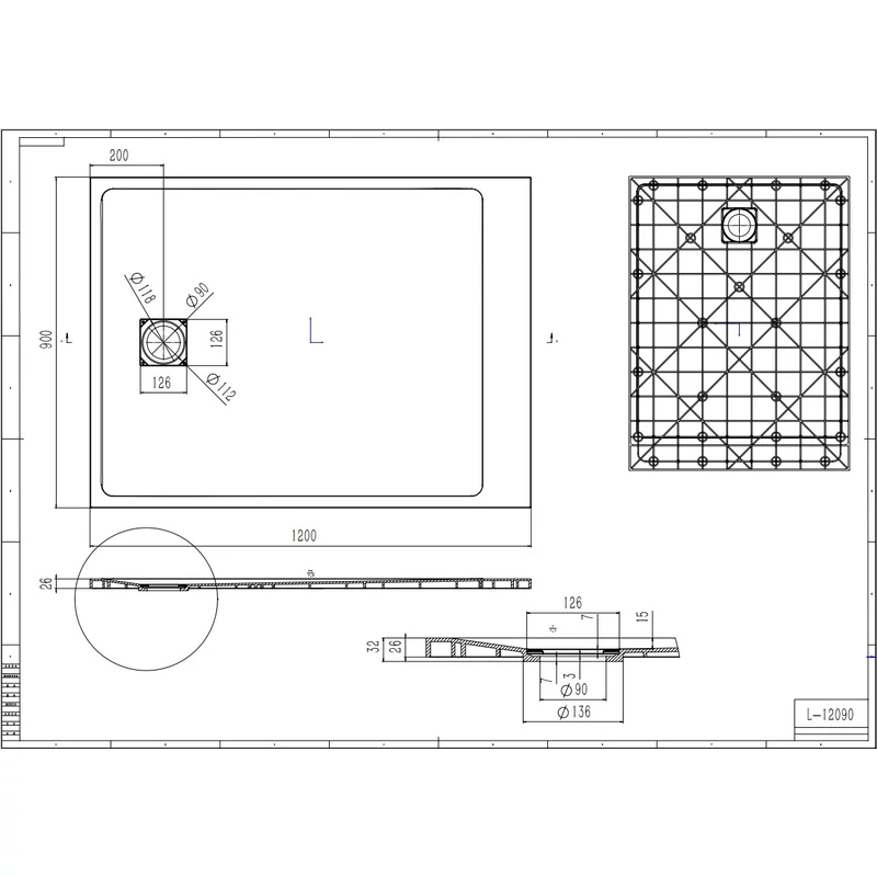 Cagliari || White 90x120x2,6 cm szögletes, SMC zuhanytálca szifonnal