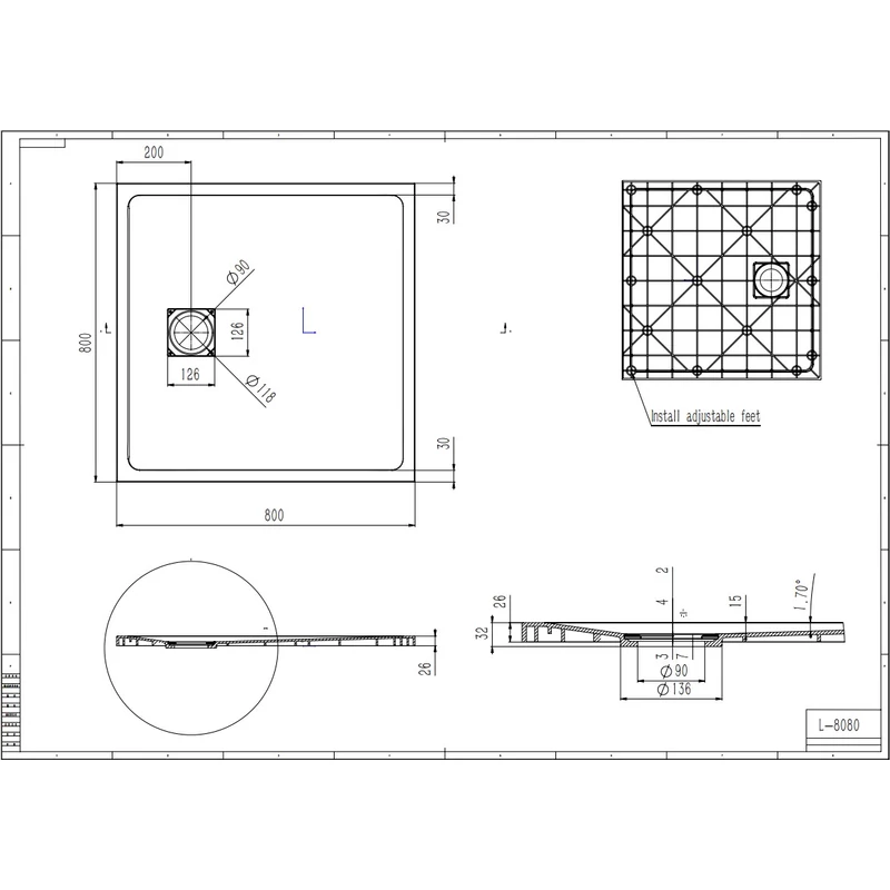 Cagliari White 80x80x2,6 cm szögletes, SMC zuhanytálca szifonnal