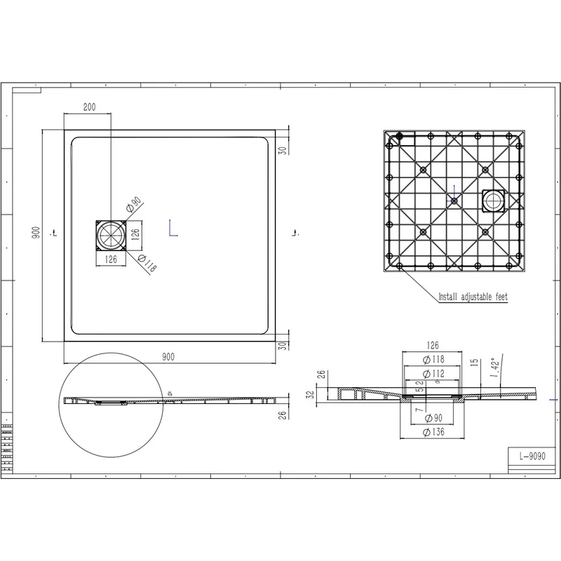 Cagliari Black 90x90x2,6 cm szögletes, SMC zuhanytálca