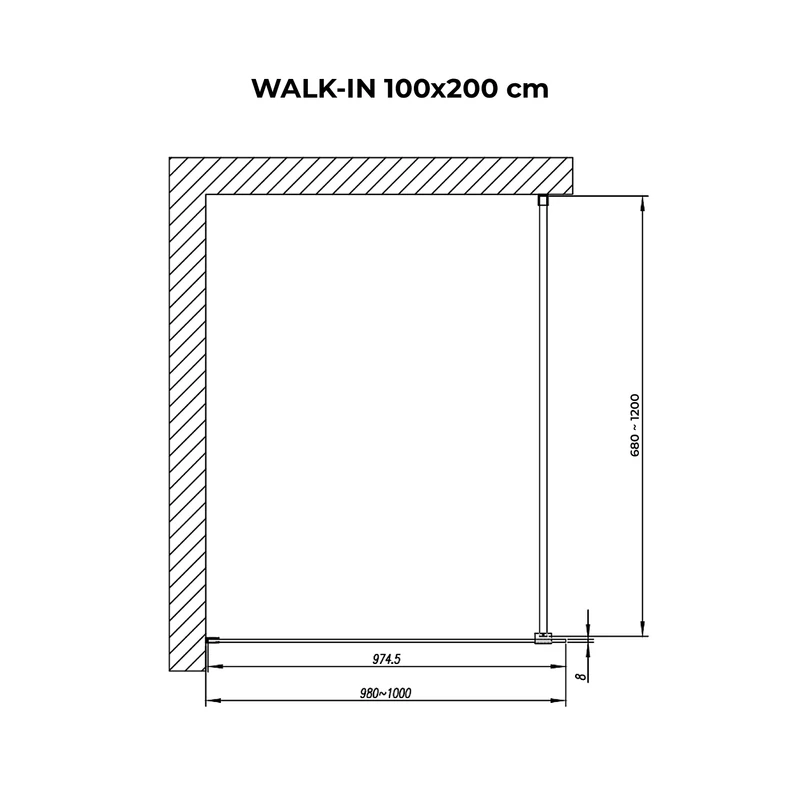 Walk-in || Chrome zuhanyfal, savmart, matt üveggel 100, 200cm, 8mm, NANO
