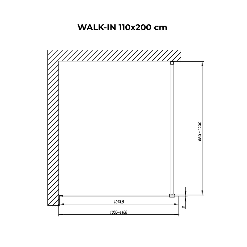 Walk-in || Chrome zuhanyfal, savmart, matt üveggel 110, 200cm, 8mm, NANO