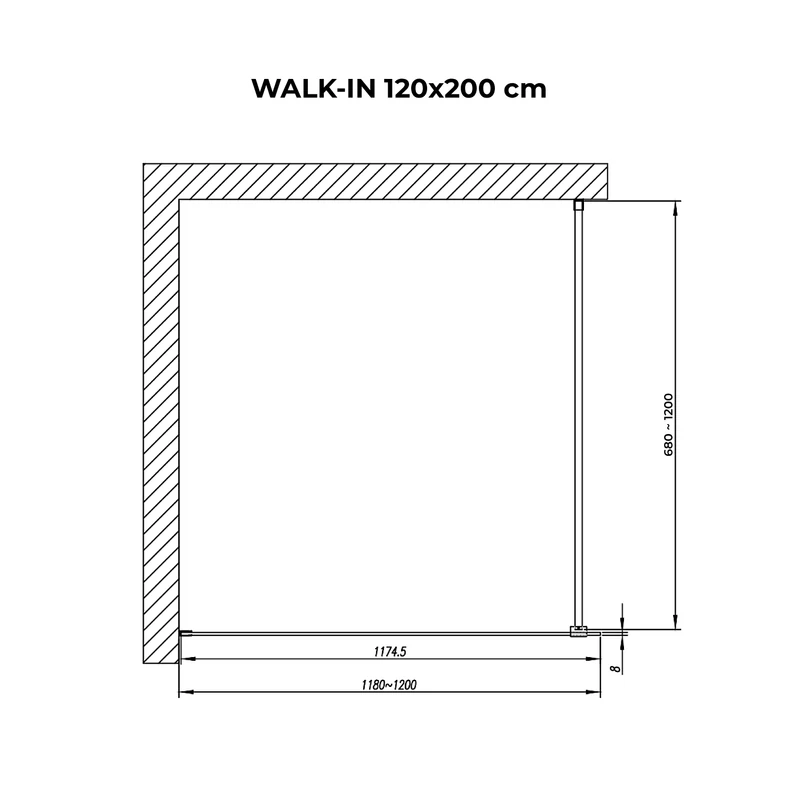 Walk-in || Chrome zuhanyfal, savmart, matt üveggel 120, 200cm, 8mm, NANO