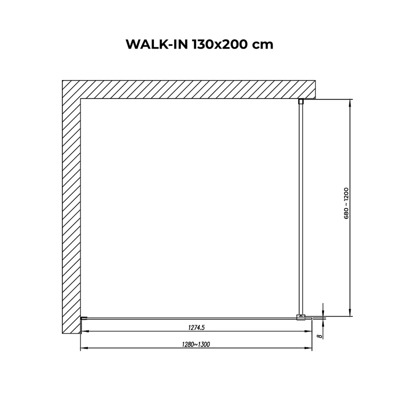 Walk-in Chrome zuhanyfal, savmart, matt üveggel 130, 200cm, 8mm