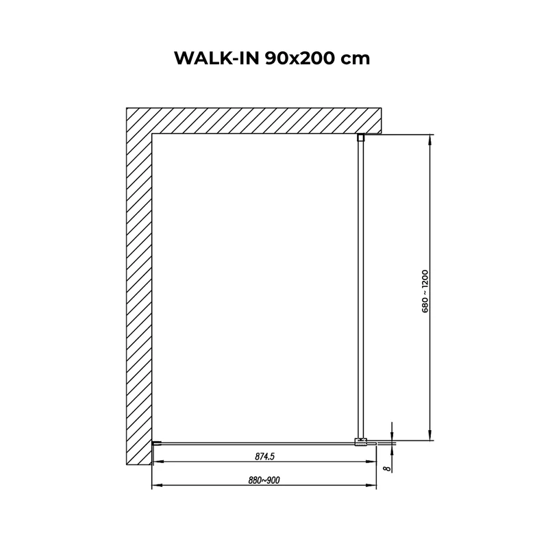 Walk-in || Chrome zuhanyfal, savmart, matt üveggel 90, 200cm, 8mm, NANO