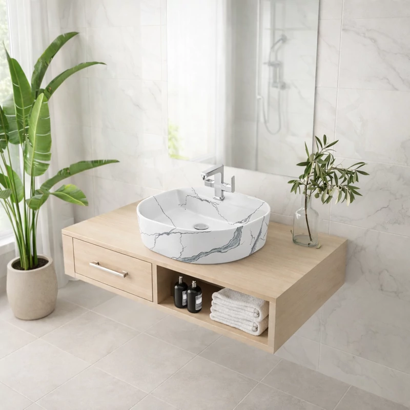 BERGAMO-M || Pultra helyezhető mosdókagyló, kerámia, fehér, márványmintás, lekerekített