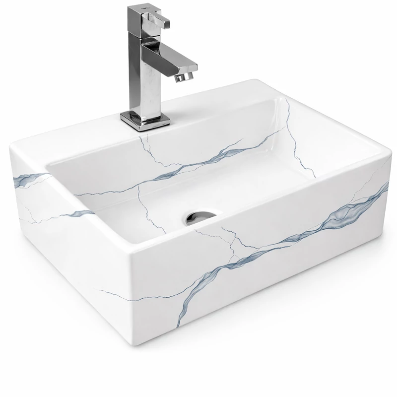 LEER-M || Pultra helyezhető mosdókagyló, kerámia, fehér, márványmintás, szögletes